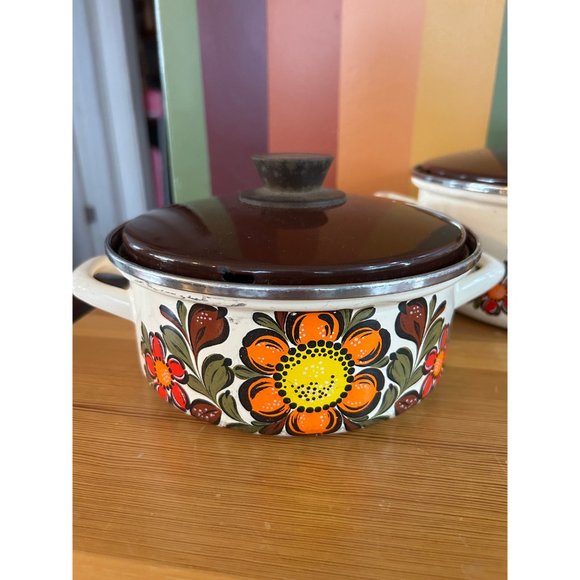 70s flower power enamel pot with handles set of 3 lidded brown - Picture 3 of 10